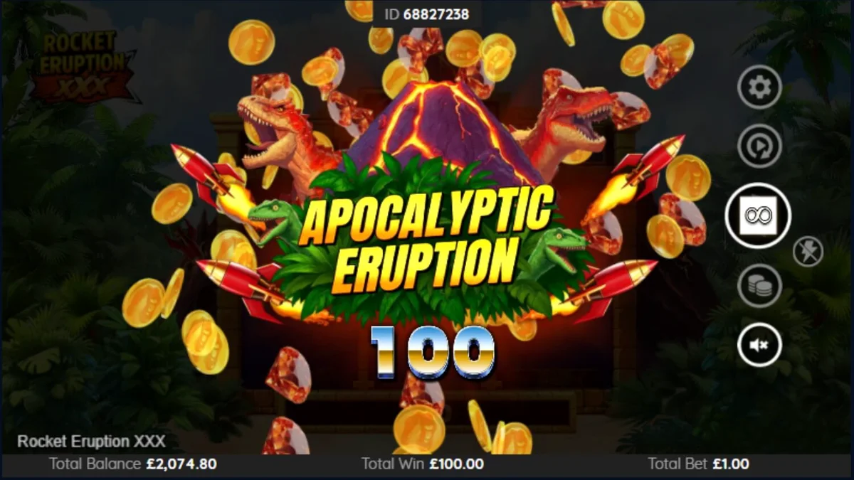 Tampilan visual slot Rocket Eruption XXX dengan tema gunung berapi dan roket