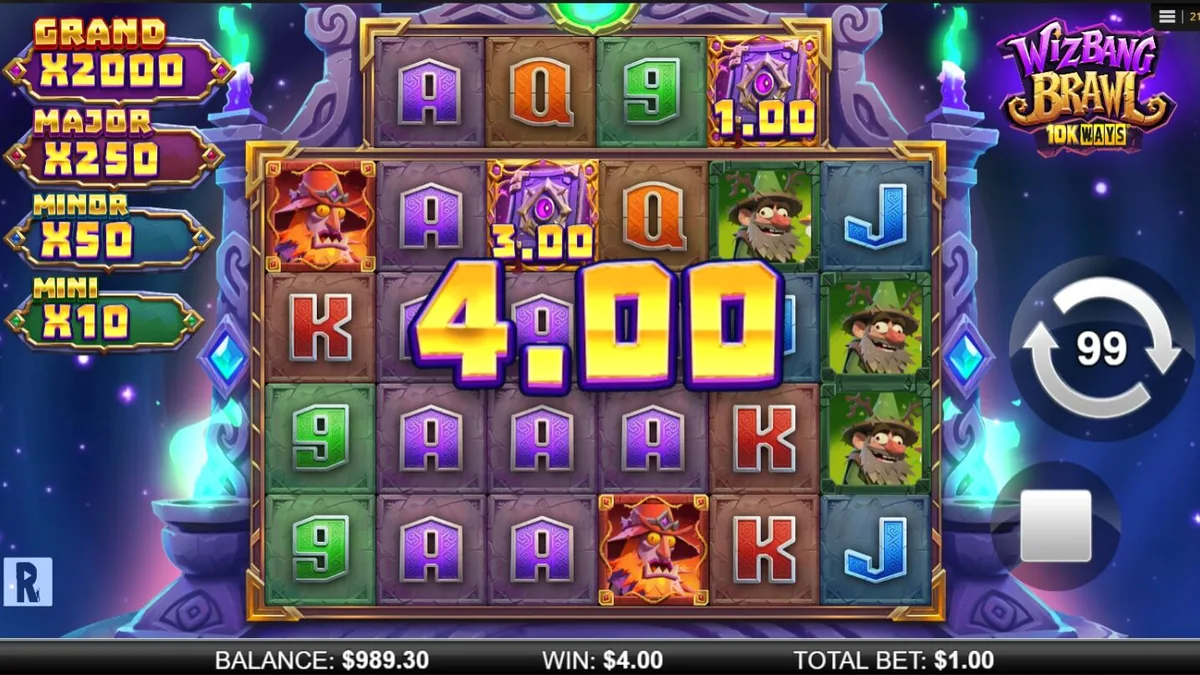 Tampilan visual game slot Wizbang Brawl 10K Ways dengan tema penyihir dan duel sihir.