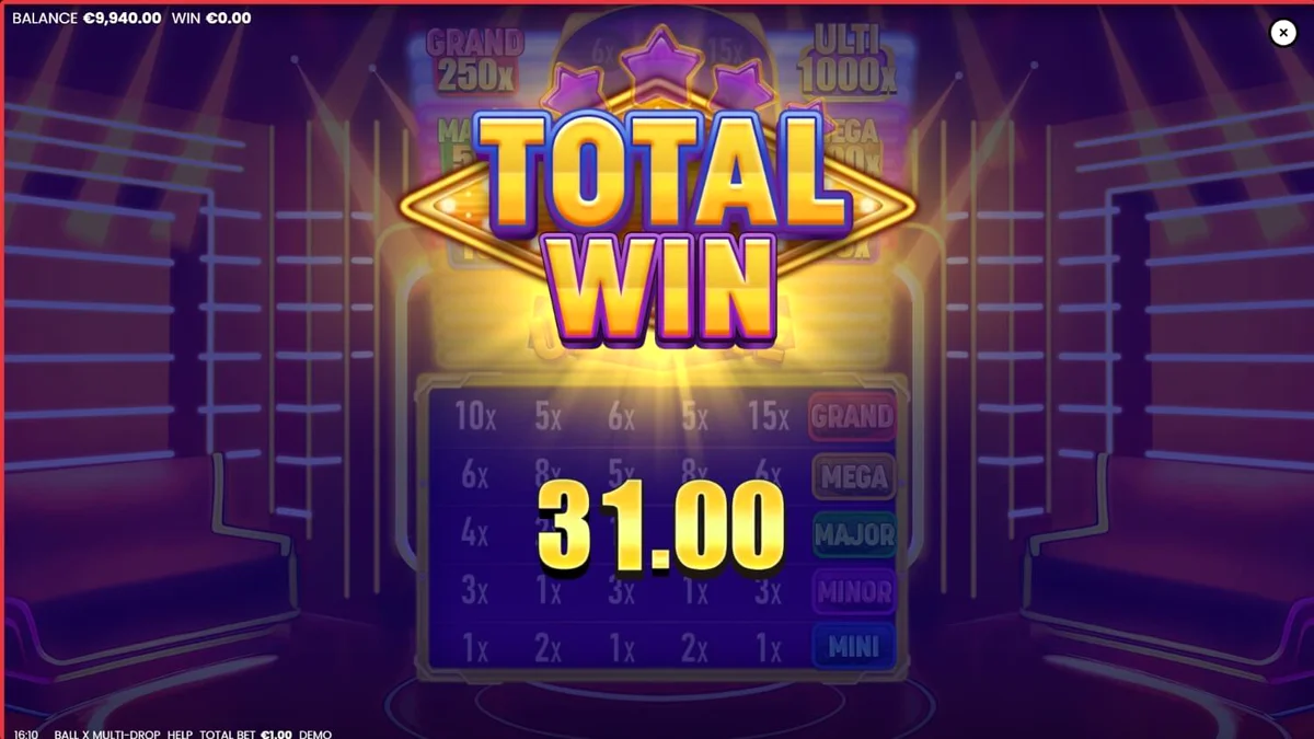 Tampilan visual neon dan simbol klasik dalam slot Ball X Multi-Drop